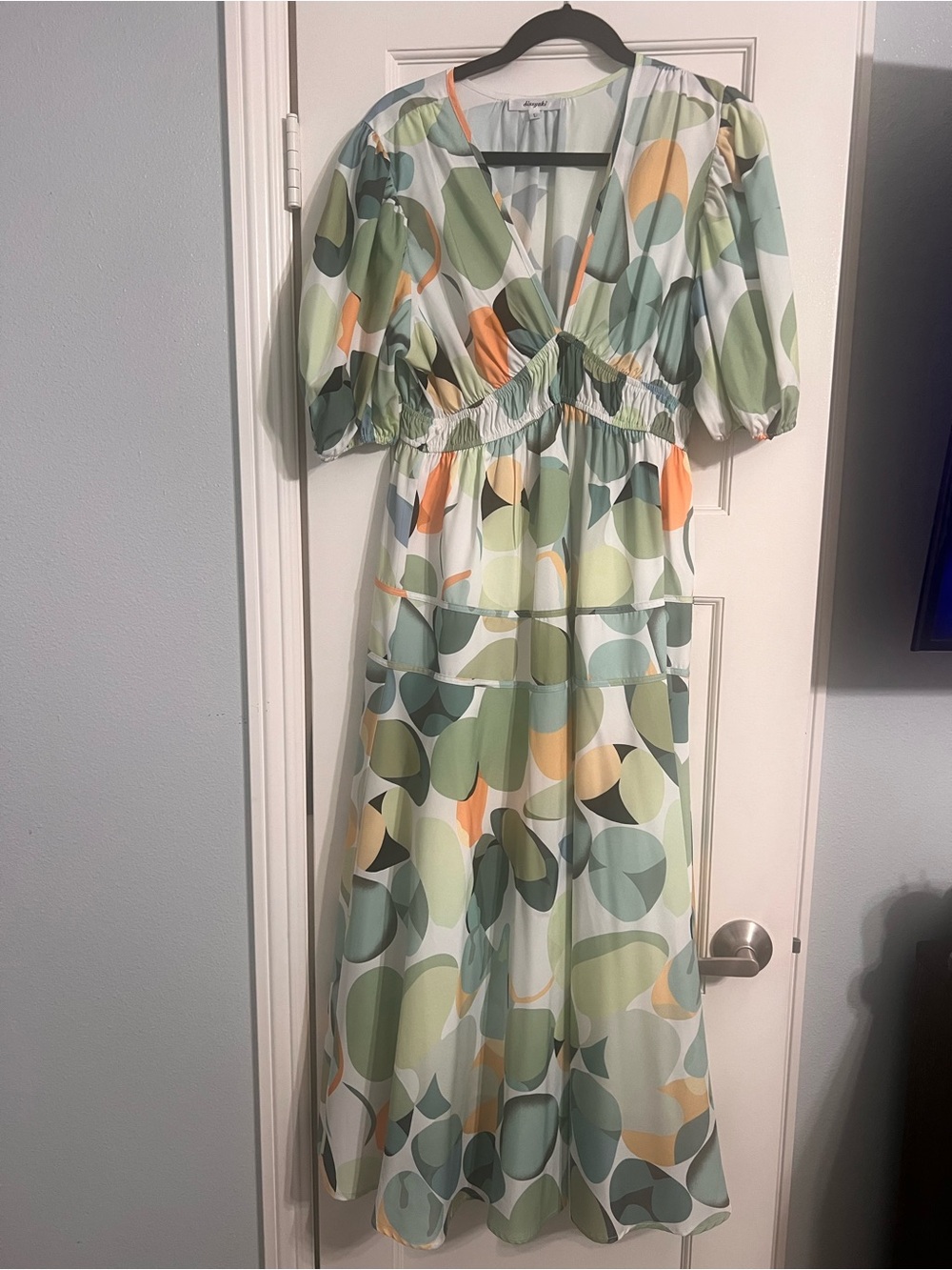 Amazon Pastel Sage and Orange Puff-Sleeve Maxi Dress